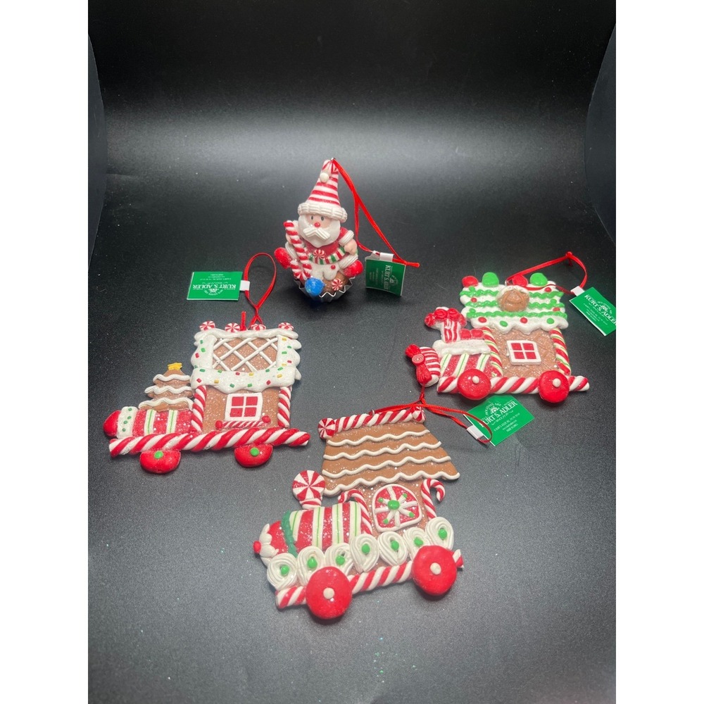Kurt Adler Gingerbread Candy Train and Santa Cupcake Christmas Ornaments Set 4
